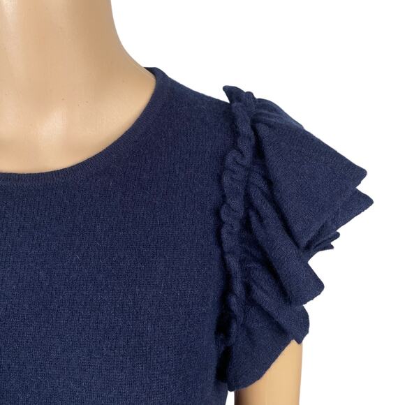 Filoro 100% Cashmere Navy Blue Crew Neck Flutter Sleeve Sweater Knit Top SZ M - Picture 3 of 7